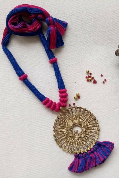 Blue-Pink Gold Tone Dokra Necklace with Tassels D40b