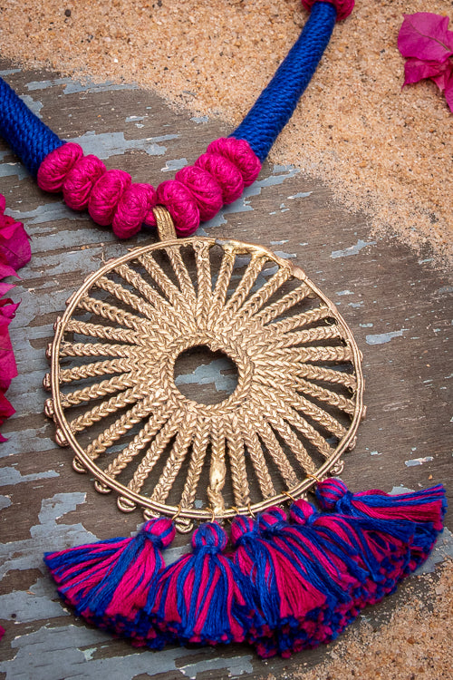 Blue-Pink Gold Tone Dokra Necklace with Tassels D40b