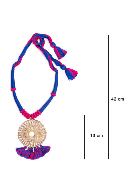 Blue-Pink Gold Tone Dokra Necklace with Tassels D40b