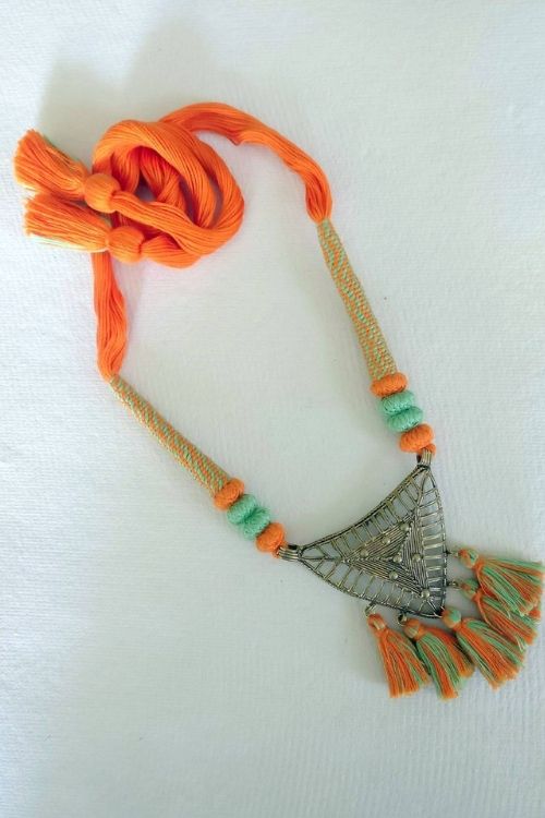 Orange-Green Gold Tone Dhokra Necklace D42d