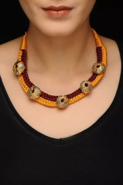 Brown-Yellow Brass Thread Choker Necklace D6a