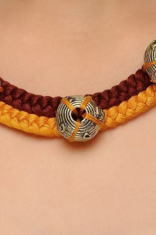 Brown-Yellow Brass Thread Choker Necklace D6a